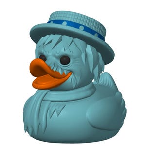 May include: A light blue rubber ducky wearing a matching hat and scarf. The duck has an orange beak and black eyes. The hat has a blue band with white polka dots. The duck is a novelty item.