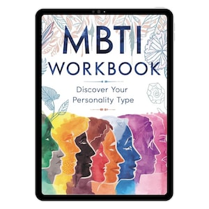 May include: A digital tablet displays the cover of an "MBTI Workbook." The cover features the title in dark blue, floral accents, and a row of colorful profile illustrations. The text "Discover Your Personality Type" is also visible.