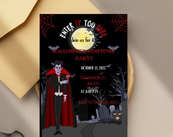 Può includere: Un invito rettangolare per una festa di Halloween con un vampiro in mantello nero e rosso che tiene in mano un bicchiere di liquido rosso. Lo sfondo mostra una luna piena, pipistrelli, un cimitero e testo rosso che recita ENTER IF YOU DARE.