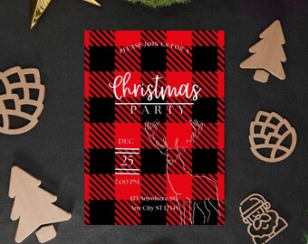 May include: A rectangular Christmas party invitation card featuring a red and black buffalo plaid pattern. The card displays white text reading "Please join us for a Christmas party", "Dec 25", "7:00 PM", and a white line-art illustration of a deer.
