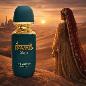 May include: A teal perfume bottle with gold accents and the word "RAMAD" in gold script. The bottle is labeled "Orientai" and "ARABIYAT PRESTIGE". The background features a desert landscape with a woman in traditional attire.