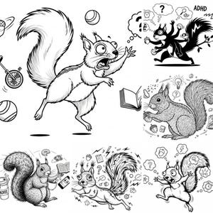 May include: Black and white cartoon illustrations of squirrels in various scenarios. One squirrel is startled, another is holding an acorn, and others depict thoughts and actions related to ADHD. The images include thought bubbles, books, and other objects.