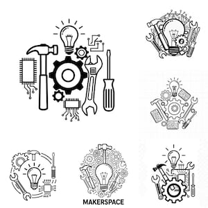 Op de afbeelding: Zwart-wit illustraties van gereedschappen en technologiecomponenten, waaronder een hamer, een moersleutel, een schroevendraaier, tandwielen en printplaten. Het woord "MAKESPACE" is in een van de afbeeldingen opgenomen.