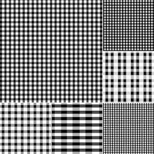 May include: A collection of black and white checkered patterns. The image displays various sizes and arrangements of the classic gingham design, offering a range of visual textures and scales. The patterns are suitable for fabric or design applications.