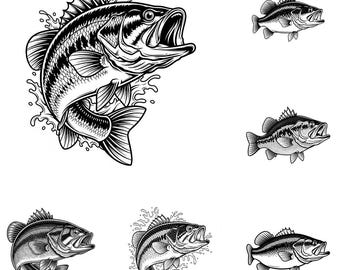 Bass Fish SVG PNG-bundel – 13 bestanden | Largemouth Bass SVG | Visserij-clipart | Cricut Cut-bestanden