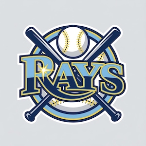 May include: A logo for the Tampa Bay Rays baseball team. The word "RAYS" is in light blue and navy blue, with a yellow outline. A baseball and two crossed bats are behind the text, all on a light gray background.