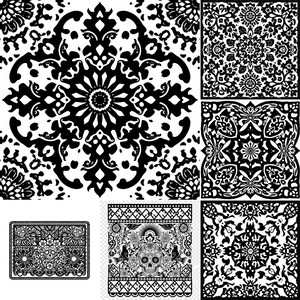 May include: A collection of black and white decorative patterns. The designs include floral, geometric, and symmetrical motifs. One design features a sugar skull with floral elements. The patterns are suitable for various design applications.
