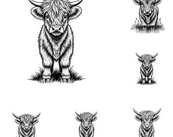 Baby Highland Cow SVG PNG-bundel – 8 bestanden | Schattige baby koe SVG | Boerderijdieren clipart | Cricut-gesneden bestanden voor de kinderkamer