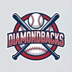 May include: A baseball-themed logo featuring a baseball, crossed bats, and the word "DIAMONDBACKS" in a bold, stylized font. The design incorporates red, white, and navy blue colors, with a circular background.
