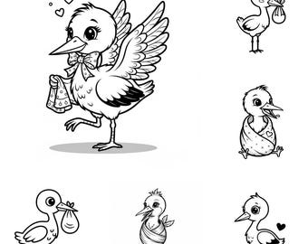 Baby ooievaar SVG PNG-bundel – 16 bestanden | Schattige babyooievaar SVG | Vogel dieren clipart | Cricut-gesneden bestanden voor de kinderkamer