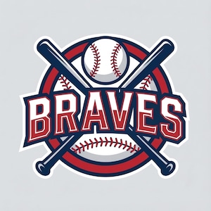 May include: A baseball-themed logo featuring a baseball, crossed bats, and the word "BRAVES" in red and white. The design is set against a red and blue circular background, with a light gray backdrop.