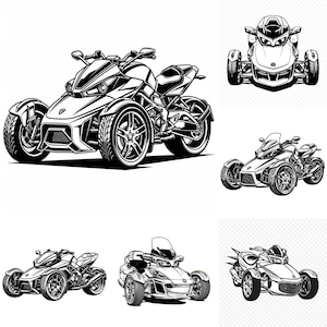 Puede incluir: Ilustraciones en blanco y negro de motocicletas de tres ruedas. Las imágenes muestran diferentes ángulos y diseños de los vehículos, destacando sus configuraciones delanteras y traseras únicas. Las ilustraciones son detalladas y estilizadas.