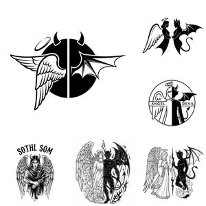 May include: A selection of monochrome illustrations depicting angels and devils. The designs include a split circle with angel and devil wings, silhouettes of angels and devils, and figures with halos and horns. The text "SOTHL SOM" is also present.