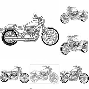 May include: Black and white line art of several motorcycles. The image features a large motorcycle in the center, with smaller versions of the same motorcycle arranged around it. The motorcycles have detailed designs, including wheels, engines, and handlebars.