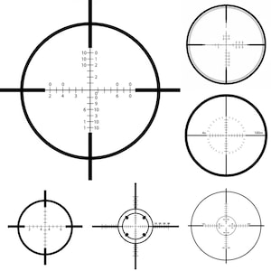 Op de afbeelding: Een verzameling zwart-witte vizierontwerpen, elk met een cirkelvormig of kruisvormig dradenkruis. Sommige hebben genummerde schalen en markeringen, terwijl andere tekst bevatten zoals "4x" en "100m". Deze ontwerpen worden vaak gebruikt in scopes en richtsystemen.