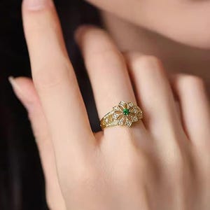 Gold Flower Ring - Inlaid Zircon Copper Cute Promise Engagement Couples Stackable Jewelry