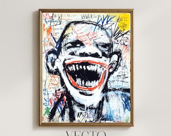 Arte mural vanguardista de Basquiat, impresión de grafiti urbano, técnica mixta neoexpresionista, arte de cara sonriente audaz, impresión oscura con toques de color 220