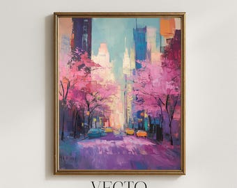 Spring City Street with Cherry Blossoms - Pastel Vintage Wall Art, Romantic Urban Spring, Moody Cityscape Printable, Digital Download 12