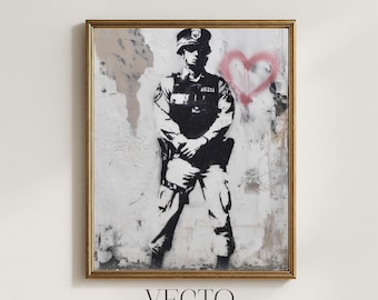 Plantilla de arte mural de Banksy: policía - Arte callejero moderno y vanguardista con corazón rosa, estilo graffiti urbano, descarga digital imprimible 235