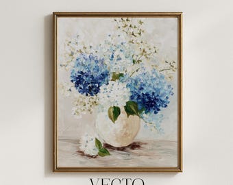 Arte mural de hortensias: escena floral primaveral de inspiración vintage imprimible, decoración de estilo cottagecore, bodegón neutro en azul y blanco. Descarga 294.