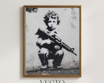 Arte mural provocativo de Banksy: arte callejero imprimible estilo plantilla, decoración urbana vanguardista en blanco y negro, descarga digital confrontativa 230