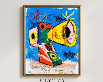 Arte mural de Basquiat - Pintura de sirena en técnica mixta imprimible, diseño de megáfono de arte urbano callejero, descarga digital de arte pop, graffiti audaz 223