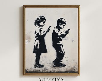 Plantilla de arte mural de Banksy: Niños con teléfonos - Arte urbano callejero, grafiti minimalista, imprimible monocromático, descarga digital instantánea 241