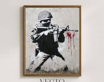 Arte mural de Banksy: plantilla imprimible de soldado apuntando con rifle, arte callejero con toques de humor, decoración política urbana, acento rojo intenso, descarga digital 234