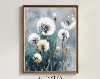 Lámina de diente de león para pared, decoración cottagecore suave y melancólica, lámina botánica neutra, arte pictórico con semillas, descarga digital, paisaje 285