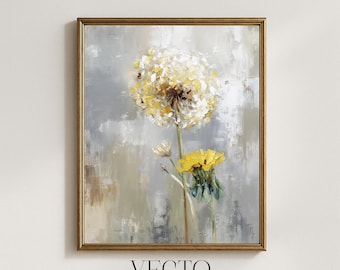 Arte mural de diente de león, decoración imprimible estilo cottagecore, flores y semillas amarillas, arte mural rústico texturizado, descarga digital neutra 286