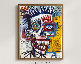 Arte mural imprimible de Basquiat: Retrato urbano vanguardista, rostro abstracto neoexpresionista, estilo grafiti moderno, descarga digital instantánea 206