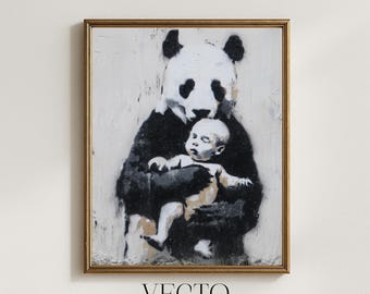 Arte mural de Banksy: estampado urbano con plantilla de panda y bebé, arte callejero vanguardista, decoración moderna y sombría, graffiti monocromático, descarga instantánea 231