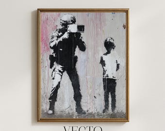 Lámina decorativa de Banksy, estilo graffiti con plantilla, arte de protesta política, decoración urbana vanguardista, descarga digital monocromática con ambiente melancólico 229