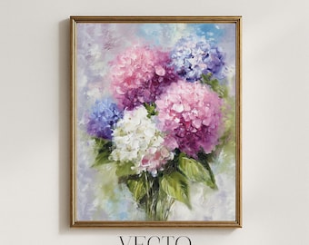 Arte mural de hortensias: ramo romántico de estilo cottagecore, pintura floral vintage, flores en tonos rosa y morado, decoración botánica imprimible 293