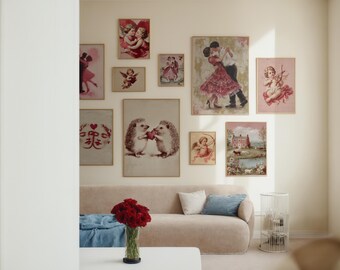 Más de 50 impresiones de pared para galería de San Valentín: pinturas románticas de San Valentín, decoración para fiestas de San Valentín, diversos motivos y paquete floral.