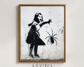 Impresión de Banksy: Chica y araña vanguardistas, estilo urbano callejero atrevido, arte mural monocromático imprimible de Banksy, descarga de grafiti con esténcil 237