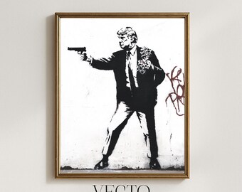 Arte mural de Banksy: figura vanguardista con pistola, grafiti urbano monocromático, decoración masculina, descarga de arte digital imprimible 236