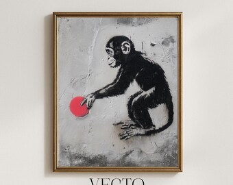 Arte mural de Banksy: Chimpancé con bola roja, estilo urbano, grafiti imprimible, descarga digital moderna (245)