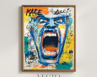 Impresión de Basquiat con rostro de grito - Arte mural urbano audaz para imprimir, descarga digital estilo graffiti, pintura de arte callejero enérgica 222