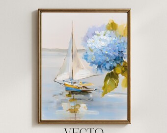 Arte mural imprimible de hortensias: velero en aguas tranquilas con flores azules, decoración cottagecore costera, pintura impresionista serena 291