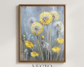 Arte mural de diente de león: imprimible botánico de estilo cottagecore, pintura vintage de diente de león amarillo, decoración rústica de primavera, descarga de arte digital 287