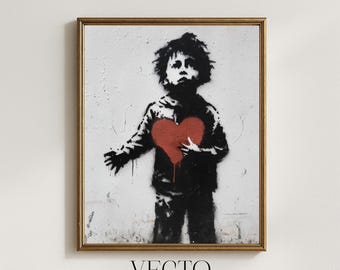 Arte mural de Banksy con niño con un corazón rojo estampado - Arte callejero urbano melancólico, decoración de pared con grafiti imprimible, diseño digital contemporáneo 233
