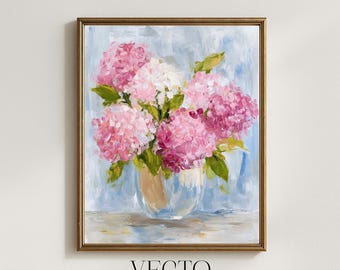 Arte mural de hortensias: decoración romántica de estilo cottagecore, pintura floral vintage, hortensias rosas y blancas, descarga digital 292