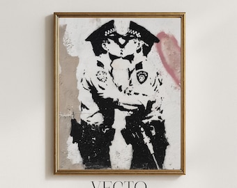 Lámina de Banksy con el beso de la policía: arte urbano provocador y transgresor, estilo graffiti con plantilla, decoración satírica de pared en blanco y negro 238