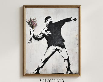 Arte mural imprimible de Banksy: Manifestante enmascarado con ramo de flores, descarga digital de arte callejero urbano, grafiti atrevido 228