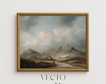 Vintage Print: Moody Mountain Landscape Painting - Rustic Pastoral Scene with Distant Mountains, Cloud-Filled Sky, Digital Download  4