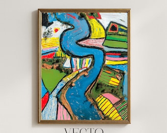 Arte mural de Basquiat, impresión artística abstracta de río, paisaje moderno y lúdico con campos geométricos, estilo arte popular, descarga digital imprimible 218