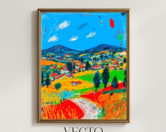 Arte mural rústico de Basquiat, vibrante paisaje rural, pintura de un pequeño pueblo, decoración primaveral de granja, imprimible colorido, descarga 217