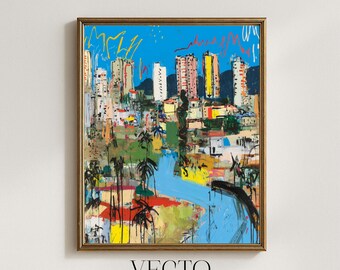 Arte mural de Basquiat, paisaje urbano ribereño - Decoración costera vibrante, pintura abstracta imprimible, descarga digital de arte tropical moderno 219