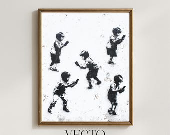Lámina decorativa Banksy para imprimir, Niños callejeros modernos con teléfonos, Graffiti urbano con plantilla vanguardista, Descarga de arte satírico, Lámina infantil monocromática 239